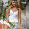 Simplee V neck suspender white dress for women casual Solid high waist