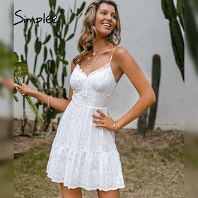 Simplee V neck suspender white dress for women casual Solid high waist