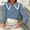 Simplee Vintage blue plaid turndown collar shirt Button long sleeve