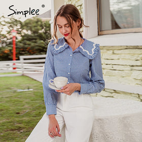 Simplee Vintage blue plaid turndown collar shirt Button long sleeve
