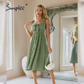 Simplee Yellow Polka Dot Print Spaghetti Strap Dress Sexy V neck