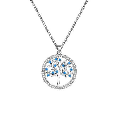 Small Round Tree of Life Pendant Necklace For Women Blue Clear Cubic