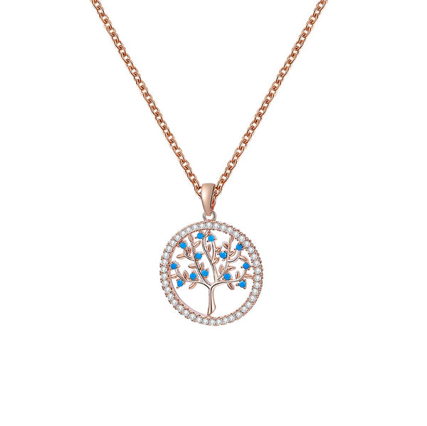 Small Round Tree of Life Pendant Necklace For Women Blue Clear Cubic