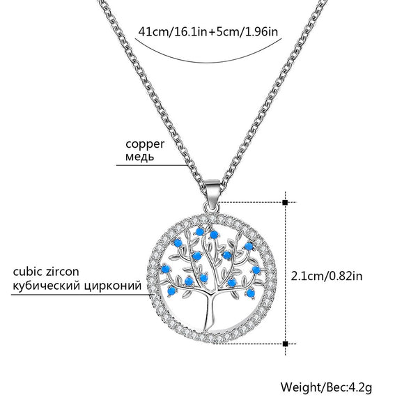 Small Round Tree of Life Pendant Necklace For Women Blue Clear Cubic