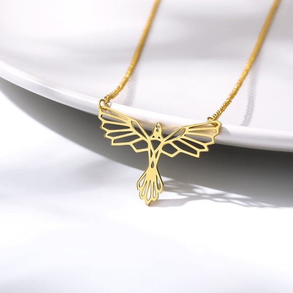 Stainless Steel Phoenix Necklace Origami Bird Pendant Lucky Gift Chain