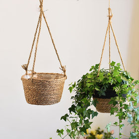 Straw Hanging Planter Basket