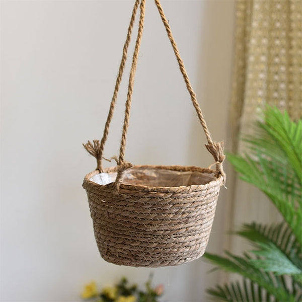 Straw Hanging Planter Basket