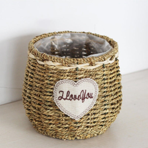 Straw Storage Basket Rattan Flower Pot Desktop Sundries Organizer