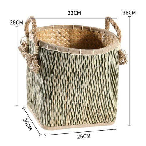 Straw woven drum shaped laundry basket with hemp rope handle toy