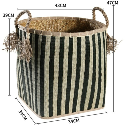 Straw woven drum shaped laundry basket with hemp rope handle toy