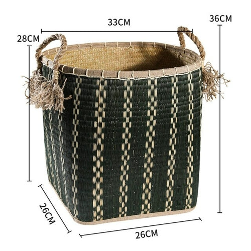 Straw woven drum shaped laundry basket with hemp rope handle toy