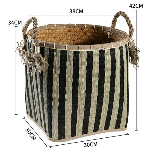 Straw woven drum shaped laundry basket with hemp rope handle toy