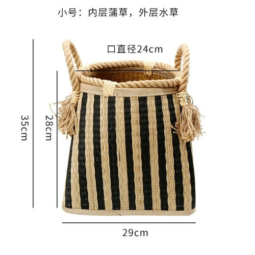 Straw woven drum shaped laundry basket with hemp rope handle toy