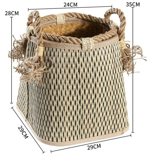 Straw woven drum shaped laundry basket with hemp rope handle toy