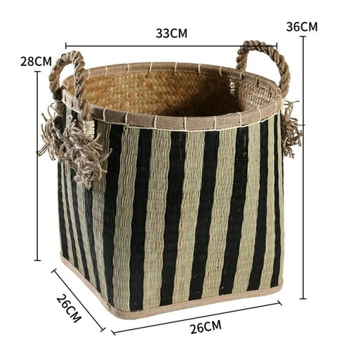 Straw woven drum shaped laundry basket with hemp rope handle toy