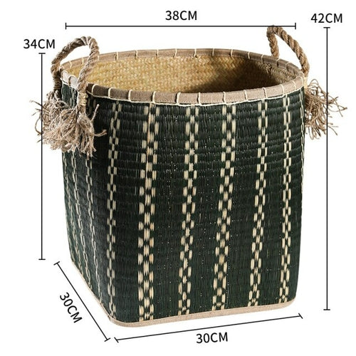 Straw woven drum shaped laundry basket with hemp rope handle toy