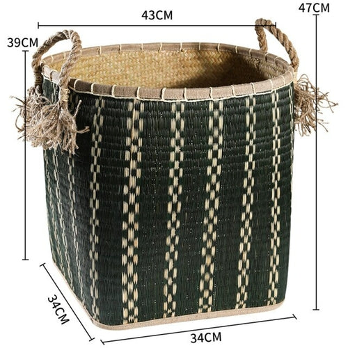 Straw woven drum shaped laundry basket with hemp rope handle toy