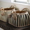 Straw woven drum shaped laundry basket with hemp rope handle toy