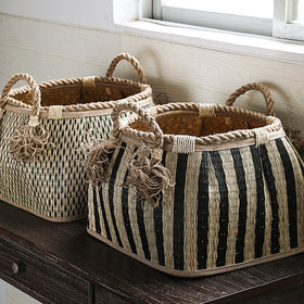 Straw woven drum shaped laundry basket with hemp rope handle toy