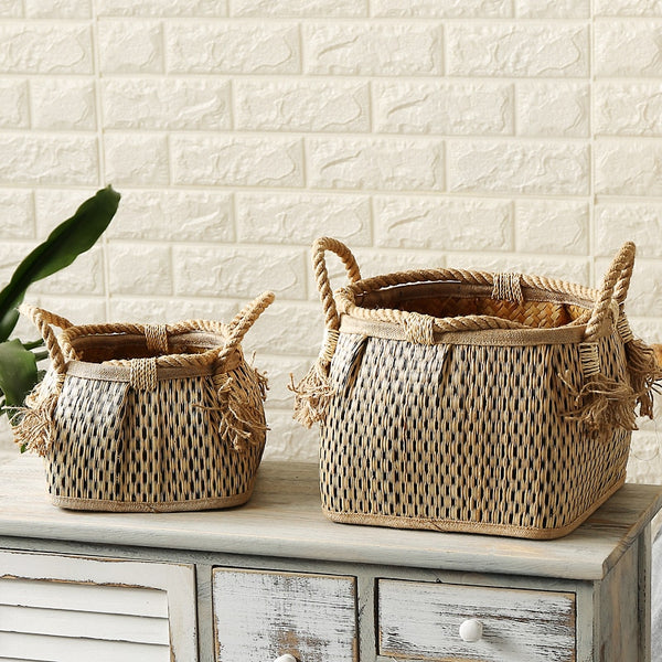 Straw woven drum shaped laundry basket with hemp rope handle toy