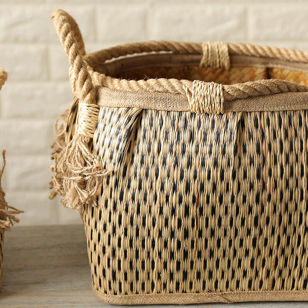 Straw woven drum shaped laundry basket with hemp rope handle toy