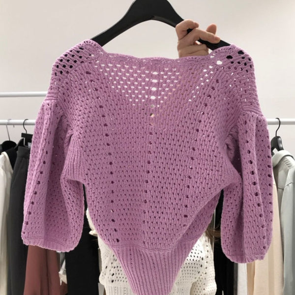 Summer Casual Knitwear Sweater Puff Sleeve 2021 New Hollow Out Crochet