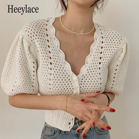 Summer Casual Knitwear Sweater Puff Sleeve 2021 New Hollow Out Crochet