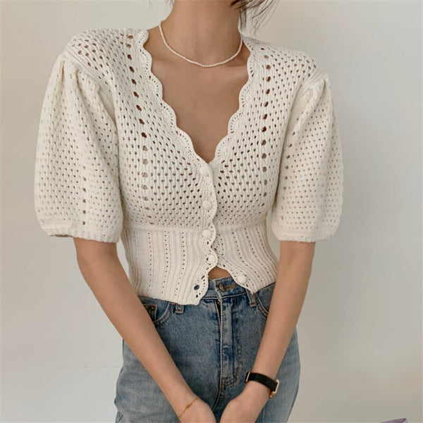 Summer Casual Knitwear Sweater Puff Sleeve 2021 New Hollow Out Crochet