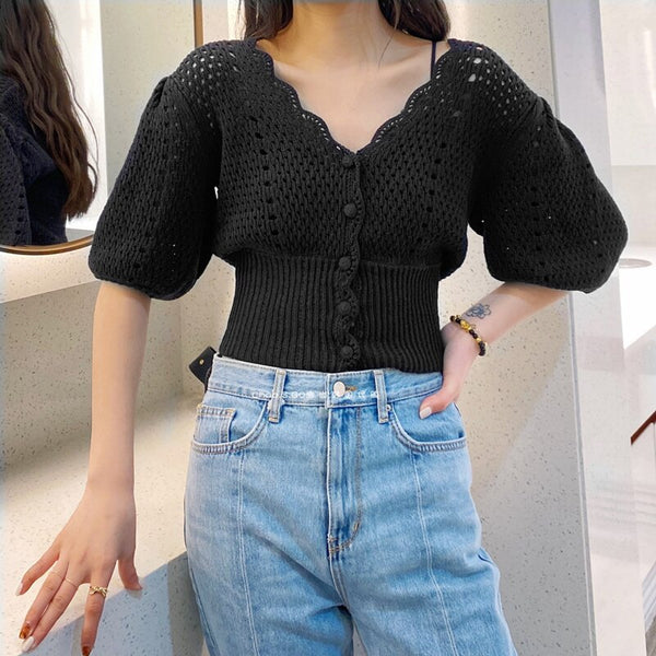 Summer Casual Knitwear Sweater Puff Sleeve 2021 New Hollow Out Crochet