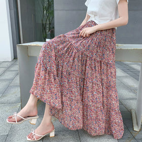 Summer Long Chiffon Skirts Floral Daisy Wave Striped  Printing A line