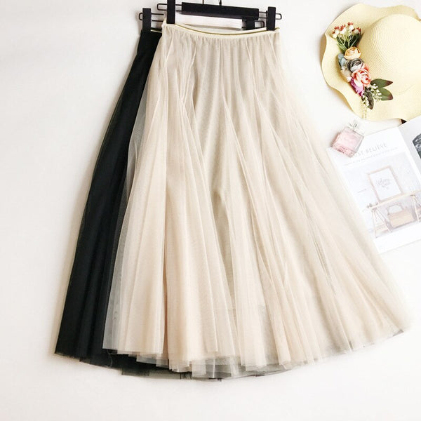 Summer Mesh Women Pleated Skirt Solid High Waist A Line Tulle Skirts