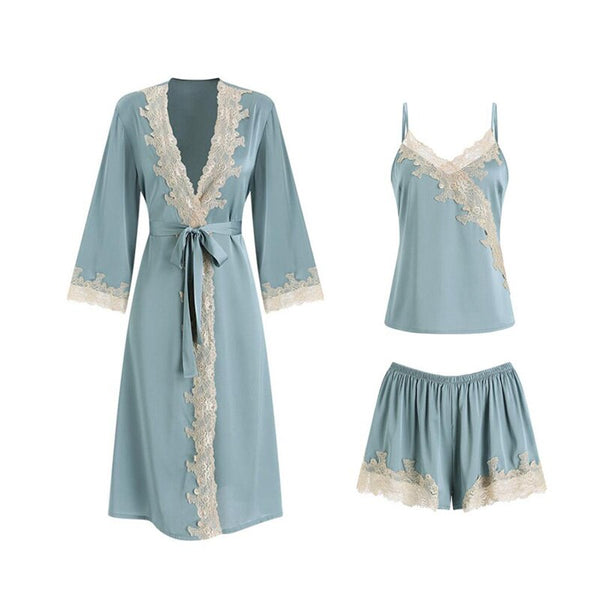 Summer Pajamas Set With Robe Women's Silk Suit Embroidery House Suits