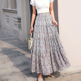 Summer Yellow/Pink Floral A line Maxi Long Chiffon Skirts Daisy