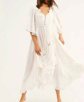 TEELYNN white ruffles long Dresses women robe vintage beach boho V