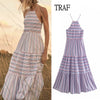 TRAF Za Stripe Slip Women Dress 2021 Summer Elegant Ruched Sleeveless