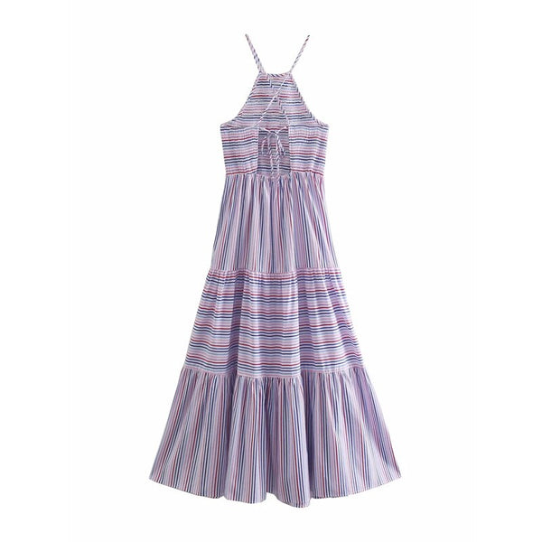 TRAF Za Stripe Slip Women Dress 2021 Summer Elegant Ruched Sleeveless