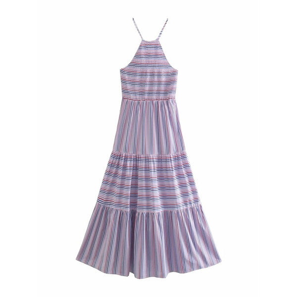 TRAF Za Stripe Slip Women Dress 2021 Summer Elegant Ruched Sleeveless