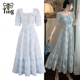 Tingfly Sweet Soft Girl A Line Dress Summer Lace Embroidery Button