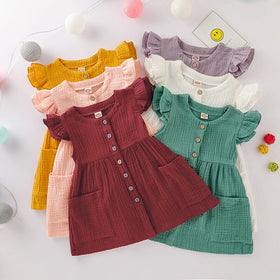 Toddler Kid Baby Girl Summer Dress Ruffles Sleeves Cotton Linen Party