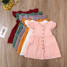 Toddler Kid Baby Girl Summer Dress Ruffles Sleeves Cotton Linen Party