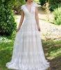 V Neck Cap Sleeve Backless Wedding Dress Lace Bohemian Sweep Train