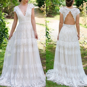 V Neck Cap Sleeve Backless Wedding Dress Lace Bohemian Sweep Train