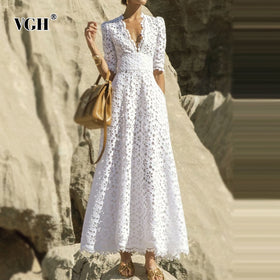 VGH Elegant White Maxi Dress For Women V Neck Half Sleeve High Waist