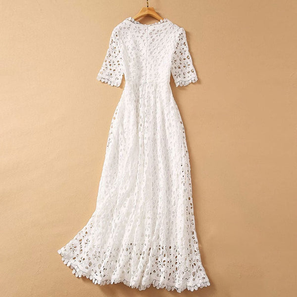 VGH Elegant White Maxi Dress For Women V Neck Half Sleeve High Waist