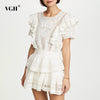 VGH White Elegant Patchwork Lace Ruffle Dress For Women Square Collar