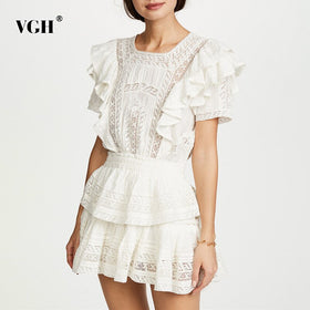 VGH White Elegant Patchwork Lace Ruffle Dress For Women Square Collar