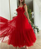 Red Polka Dots Tulle A Line Evening Dress Spaghetti Straps