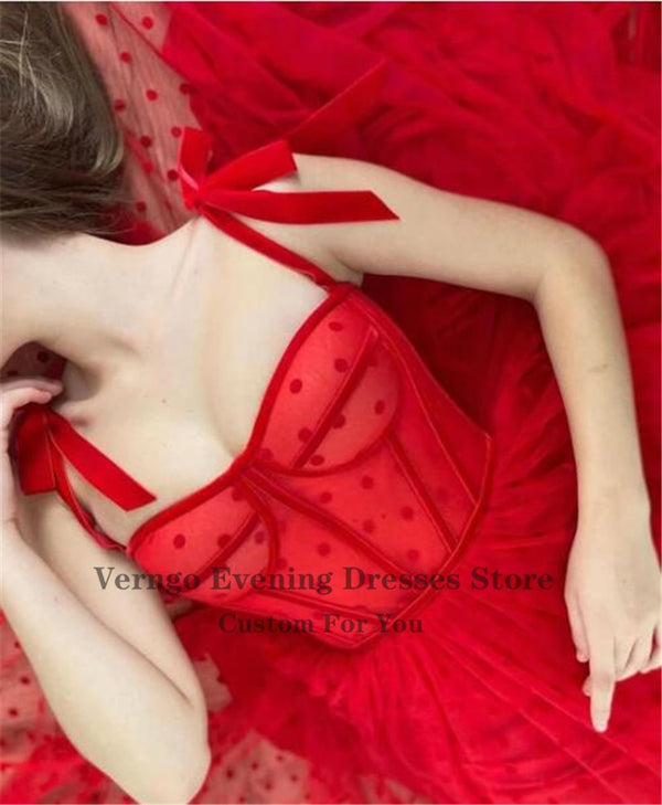 Red Polka Dots Tulle A Line Evening Dress Spaghetti Straps