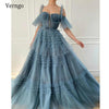 Gorgeous Dusty Blue Ruffled Tulle Evening Dresses Long A Line