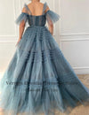 Gorgeous Dusty Blue Ruffled Tulle Evening Dresses Long A Line